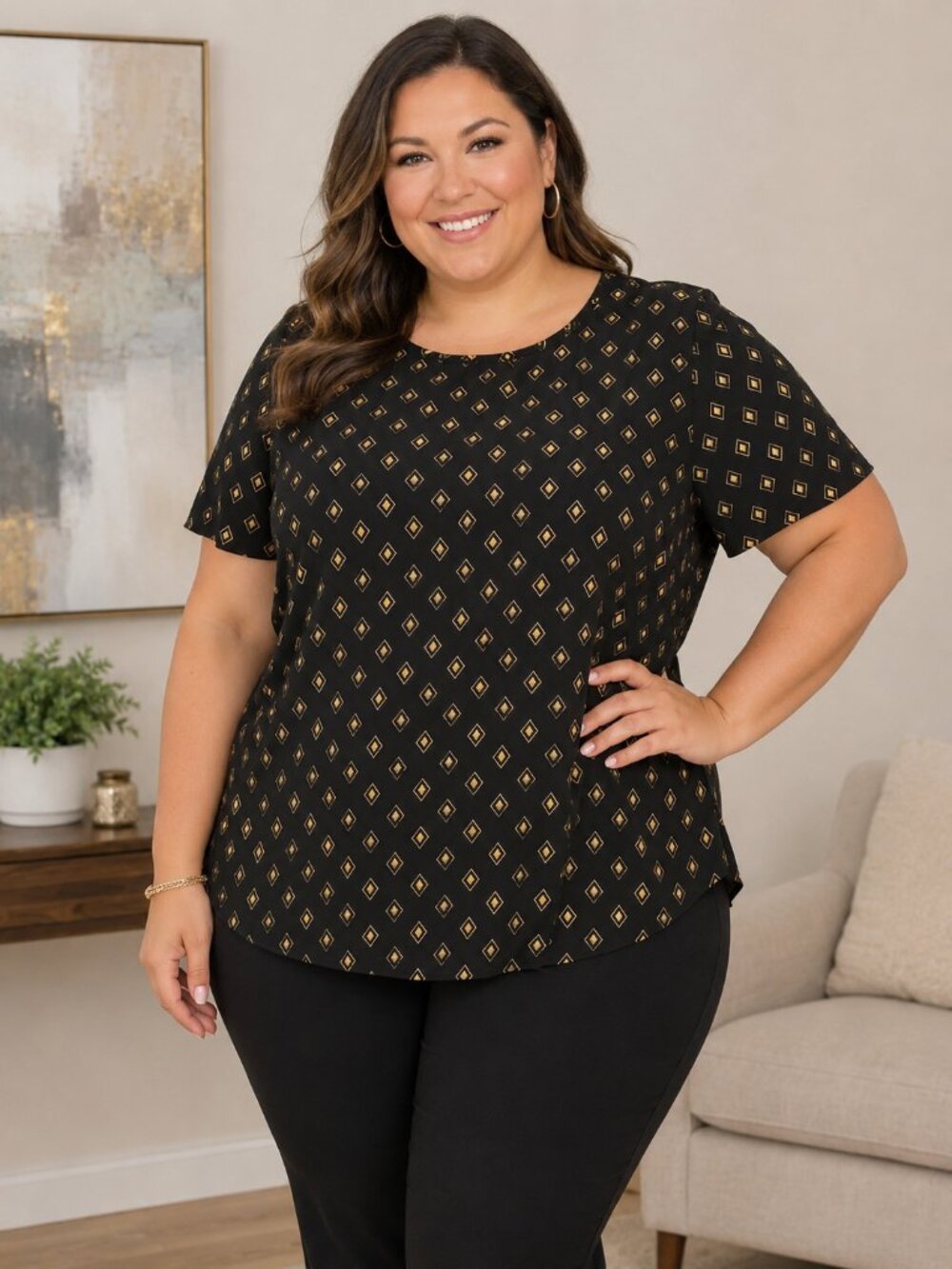 NWT Worthington Women’s Blouse Size 3X – Black & Gold Diamond Print